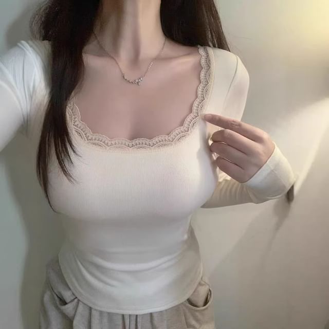 Square-Neck Lace-Trim Long-Sleeve Top