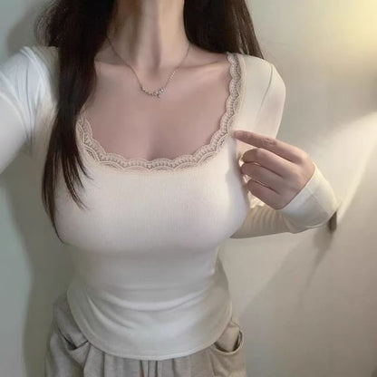 Square-Neck Lace-Trim Long-Sleeve Top