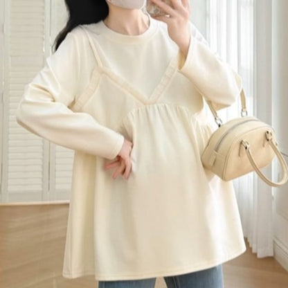 Maternity Mock Two-Piece Round-Neck Long-Sleeve Top