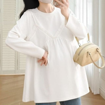 Maternity Mock Two-Piece Round-Neck Long-Sleeve Top