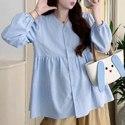 Maternity Gathered V-Neck Long-Sleeve Blouse