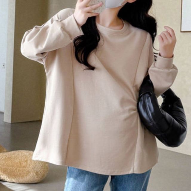 Maternity Drawstring Round-Neck Long-Sleeve Top