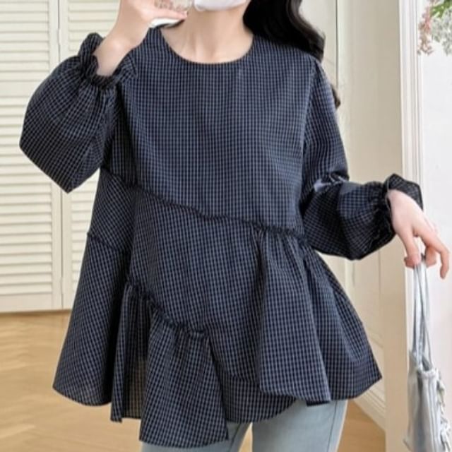 Maternity Plaid-Panel Asymmetrical Long-Sleeve Top