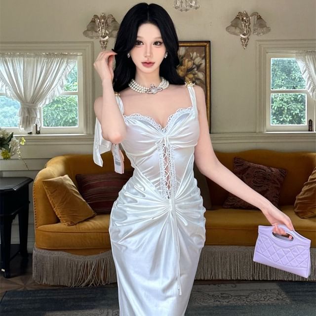 Spaghetti Strap Sweetheart Neck Plain Lace Trim Sheath Evening Gown