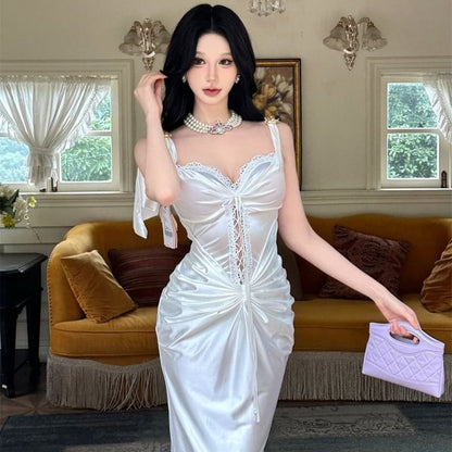 Spaghetti Strap Sweetheart Neck Plain Lace Trim Sheath Evening Gown