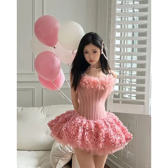 Set: Strapless Flower Detail Mini A-Line Party Dress + Plain Shorts