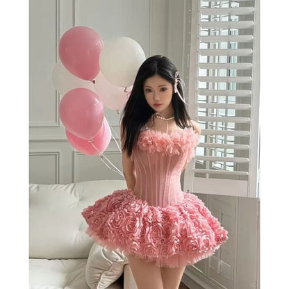 Set: Strapless Flower Detail Mini A-Line Party Dress + Plain Shorts