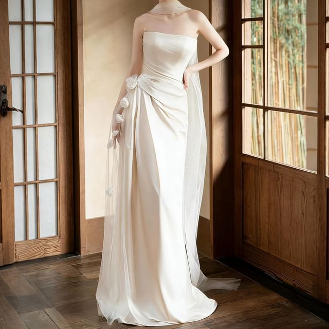 Strapless Floral Shirred Asymmetrical A-Line Wedding Gown
