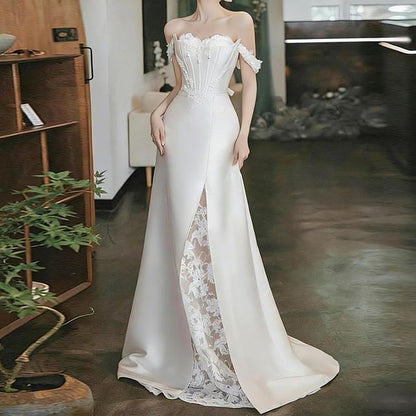 Strapless Lace Panel Fishbone Satin A-Line Wedding Gown