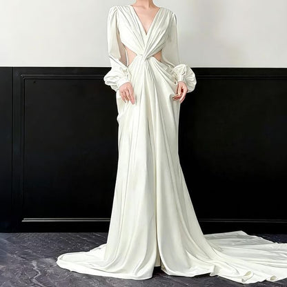 Puff-Sleeve V-Neck Plain Knotted Slit A-Line Evening Gown