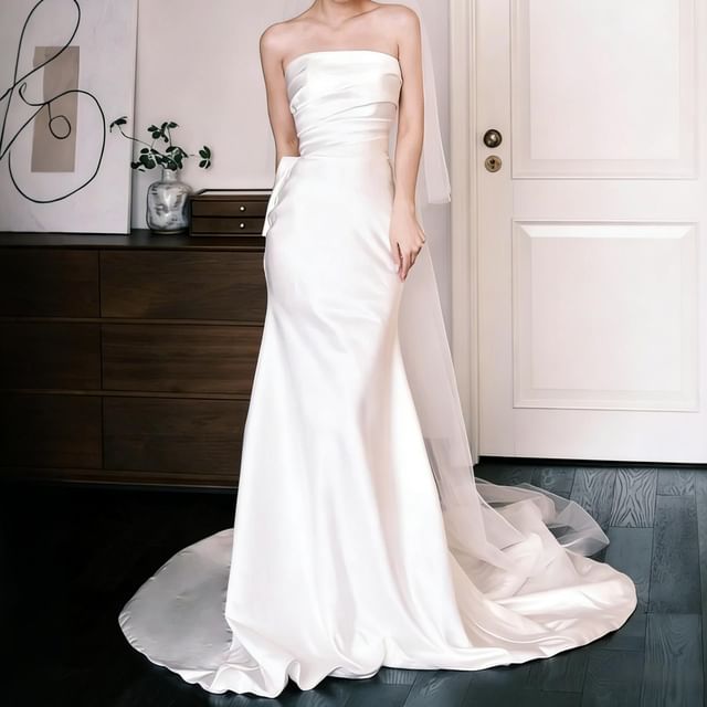 Strapless Shirred Mermaid Satin Wedding Gown