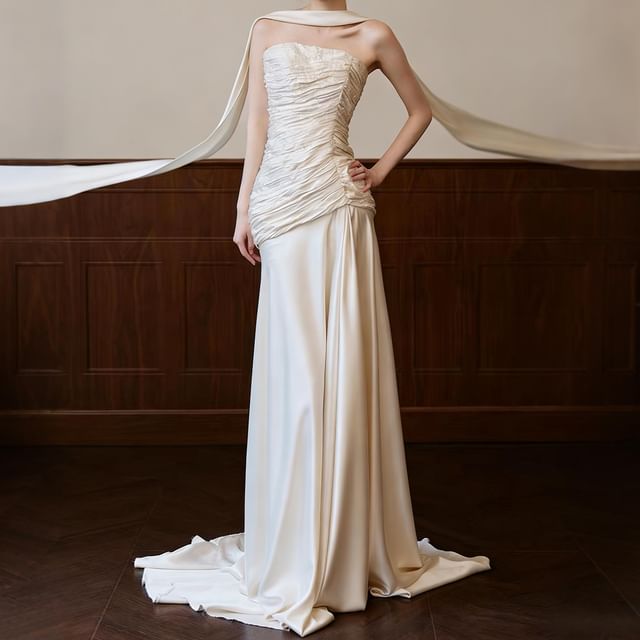 Strapless Shirred Mermaid Wedding Gown
