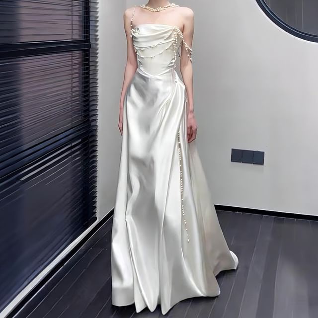 Strapless Faux Pearl Strap A-Line Evening Gown