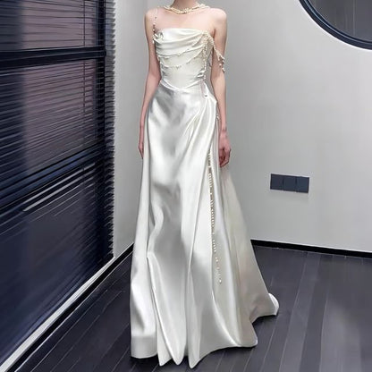Strapless Faux Pearl Strap A-Line Evening Gown