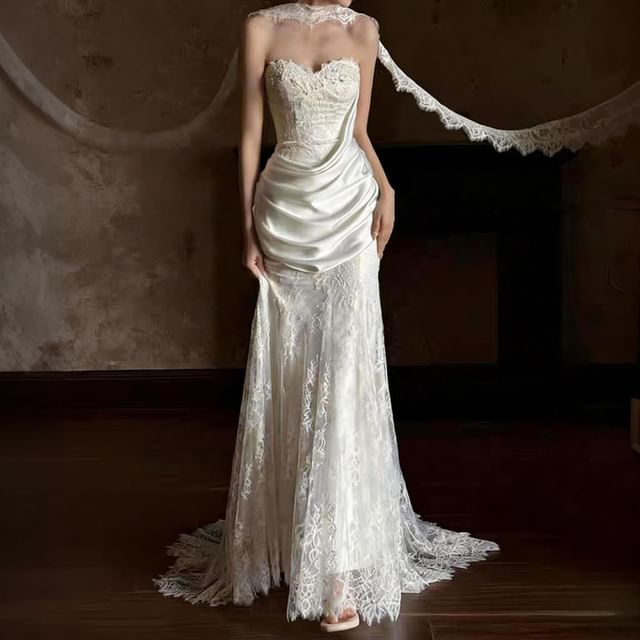 Strapless Shirred A-Line Lace Wedding Gown
