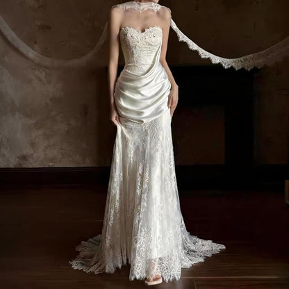 Strapless Shirred A-Line Lace Wedding Gown