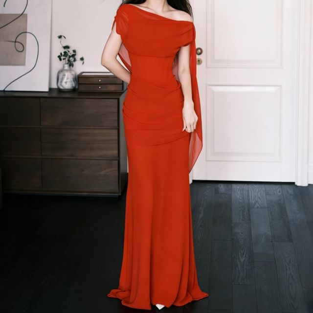 Off-Shoulder Open Back Shirred Mermaid Evening Gown