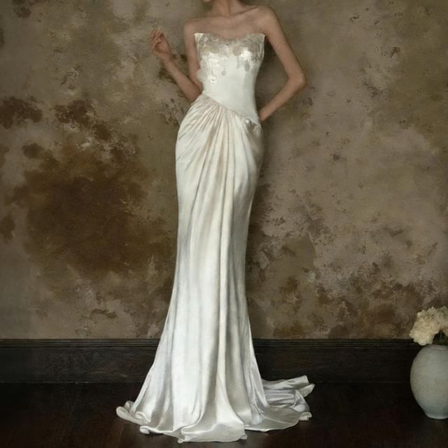 Strapless Sequin Dangle Satin Mermaid Satin Wedding Gown