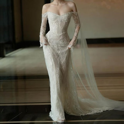 Off-Shoulder Long-Sleeve Mermaid Lace Wedding Gown