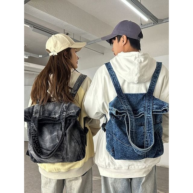 Washed Panel Denim Backpack Tote