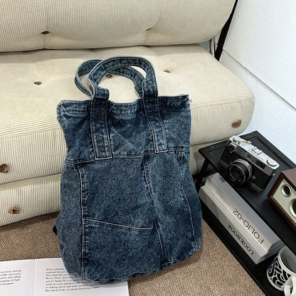 Washed Panel Denim Backpack Tote