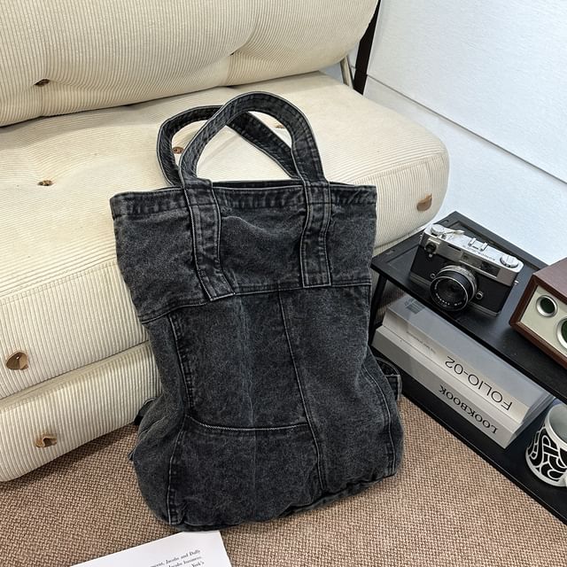 Washed Panel Denim Backpack Tote