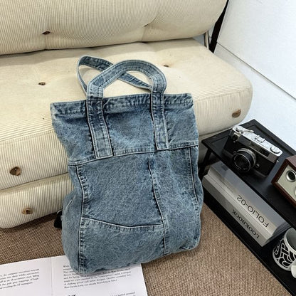Washed Panel Denim Backpack Tote