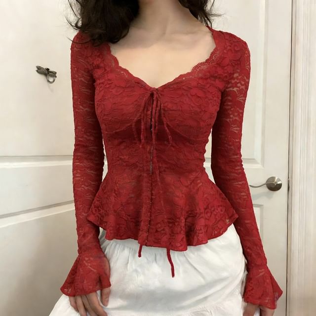 Peplum Lace Crop Top with Long Sleeves and V-Neck