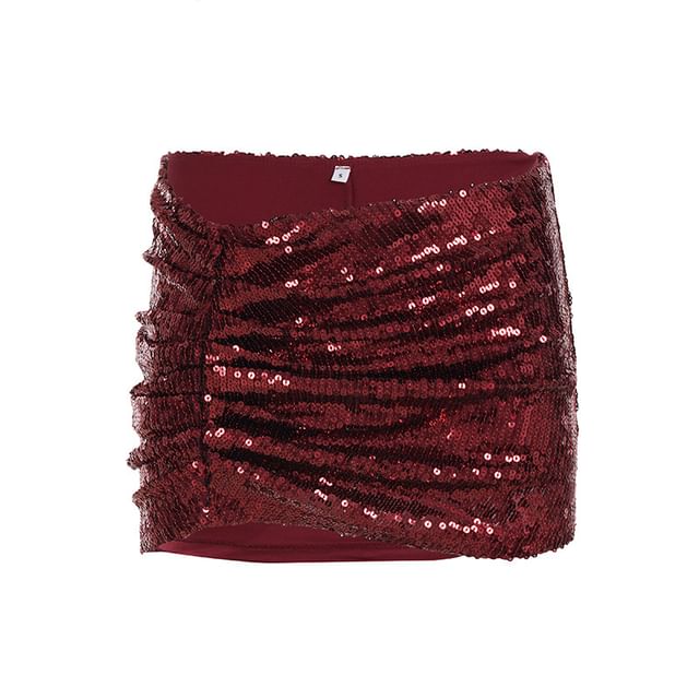 Elegant Lace Off-Shoulder Slim Crop Top & Sequin Ruched Mini Skirt