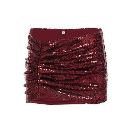 Elegant Lace Off-Shoulder Slim Crop Top & Sequin Ruched Mini Skirt