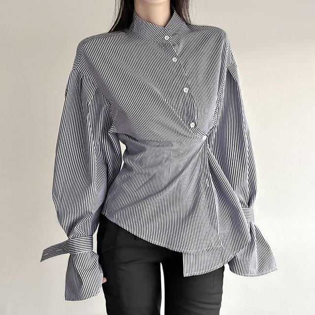 Asymmetrical Bengal Striped Collared Long-Sleeve Blouse