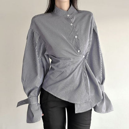 Asymmetrical Bengal Striped Collared Long-Sleeve Blouse