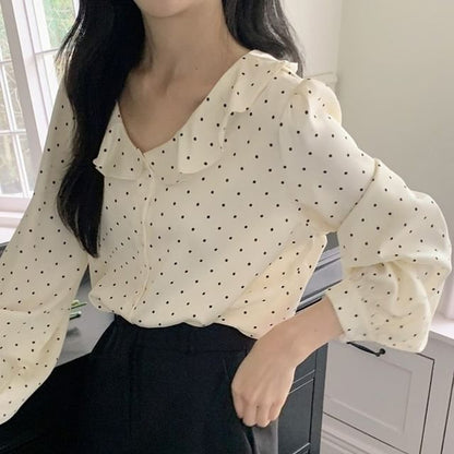 Ruffled Polka Dot Long-Sleeve Blouse