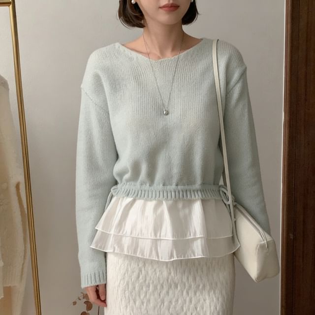 Ruffle Crew Neck Long-Sleeve Knit Crop Top