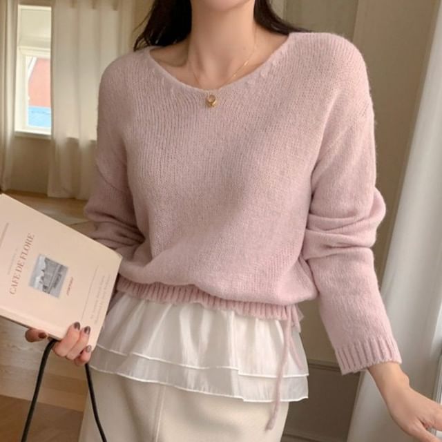 Ruffle Crew Neck Long-Sleeve Knit Crop Top