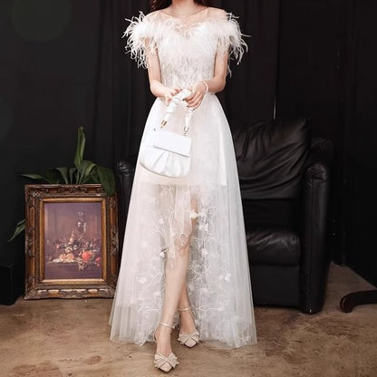 Sleeveless Off Shoulder Plain Embroidered Feather Trim High-Low Mesh A-Line Wedding Gown