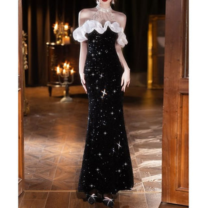 Sleeveless Cold Shoulder Sequin Panel Mesh Trumpet Evening Dress