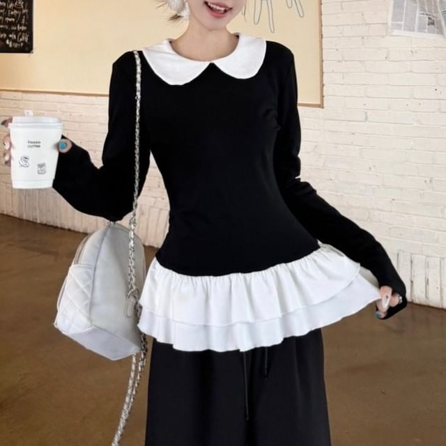 Peter Pan Collar Ruffle Hem Tee