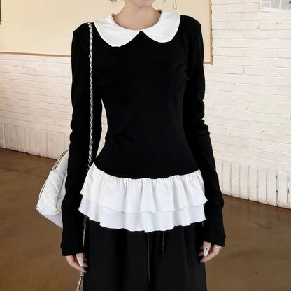 Peter Pan Collar Ruffle Hem Tee