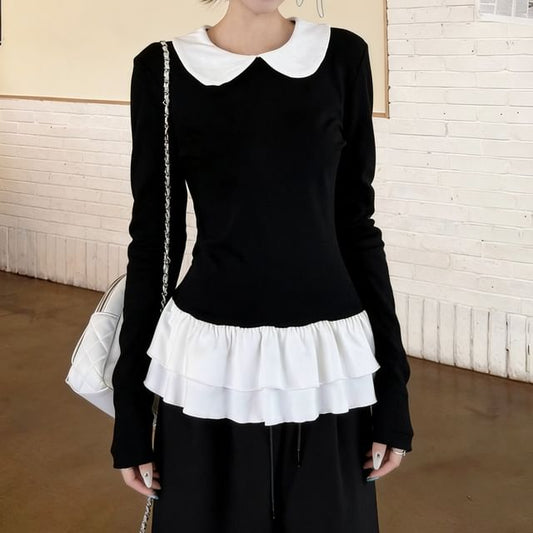 Peter Pan Collar Ruffle Hem Tee