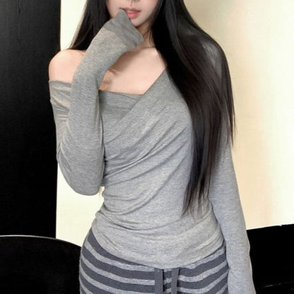 One-Shoulder Ruched Long Sleeve Tee