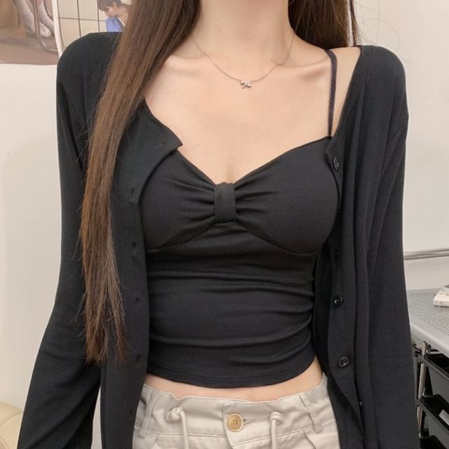 Plain Crop Camisole with Cardigan Set