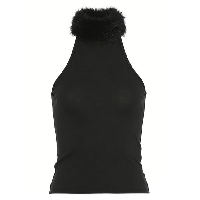 Cutout Panel Fluffy Sleeveless Mock Neck Top