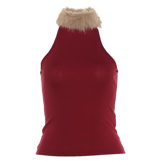 Cutout Panel Fluffy Sleeveless Mock Neck Top