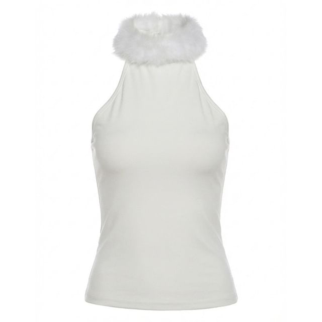 Cutout Panel Fluffy Sleeveless Mock Neck Top