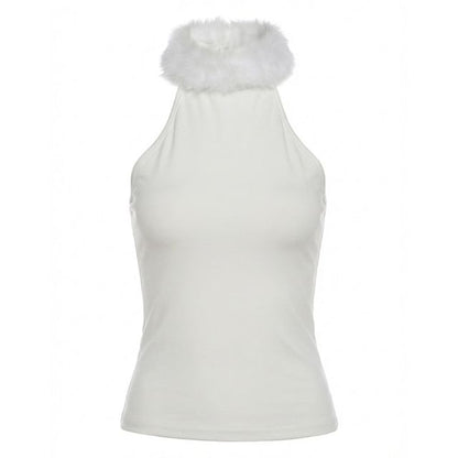 Cutout Panel Fluffy Sleeveless Mock Neck Top