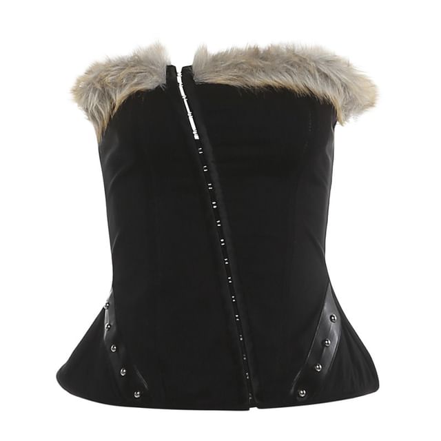 Studded Faux Fur Crop Tube Top with Pencil Skirt and Belt Set