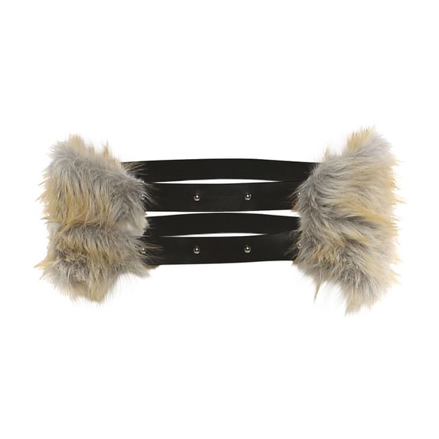 Studded Faux Fur Crop Tube Top with Pencil Skirt and Belt Set