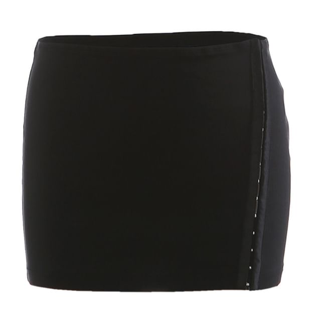Studded Faux Fur Crop Tube Top with Pencil Skirt and Belt Set
