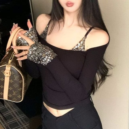 Glitter Trim Long-Sleeve Mock Two-Piece Crop Top